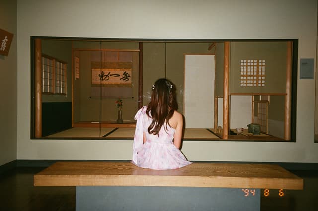 A person with long hair, wearing a light-colored dress, sits on a bench facing a traditional Japanese-style room with sliding doors and tatami mats