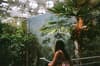 A person with long hair stands in a lush indoor garden, surrounded by tropical plants and trees, with a glass ceiling above allowing natural light to filter through