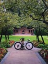 Bicycle parked on a brick walkway framed by flowerbeds and arching trees, with a red brick building in the background
