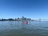 Person in a bright pink top swimming in calm water with the Manhattan skyline and a suspension bridge in the background under a clear blue sky
