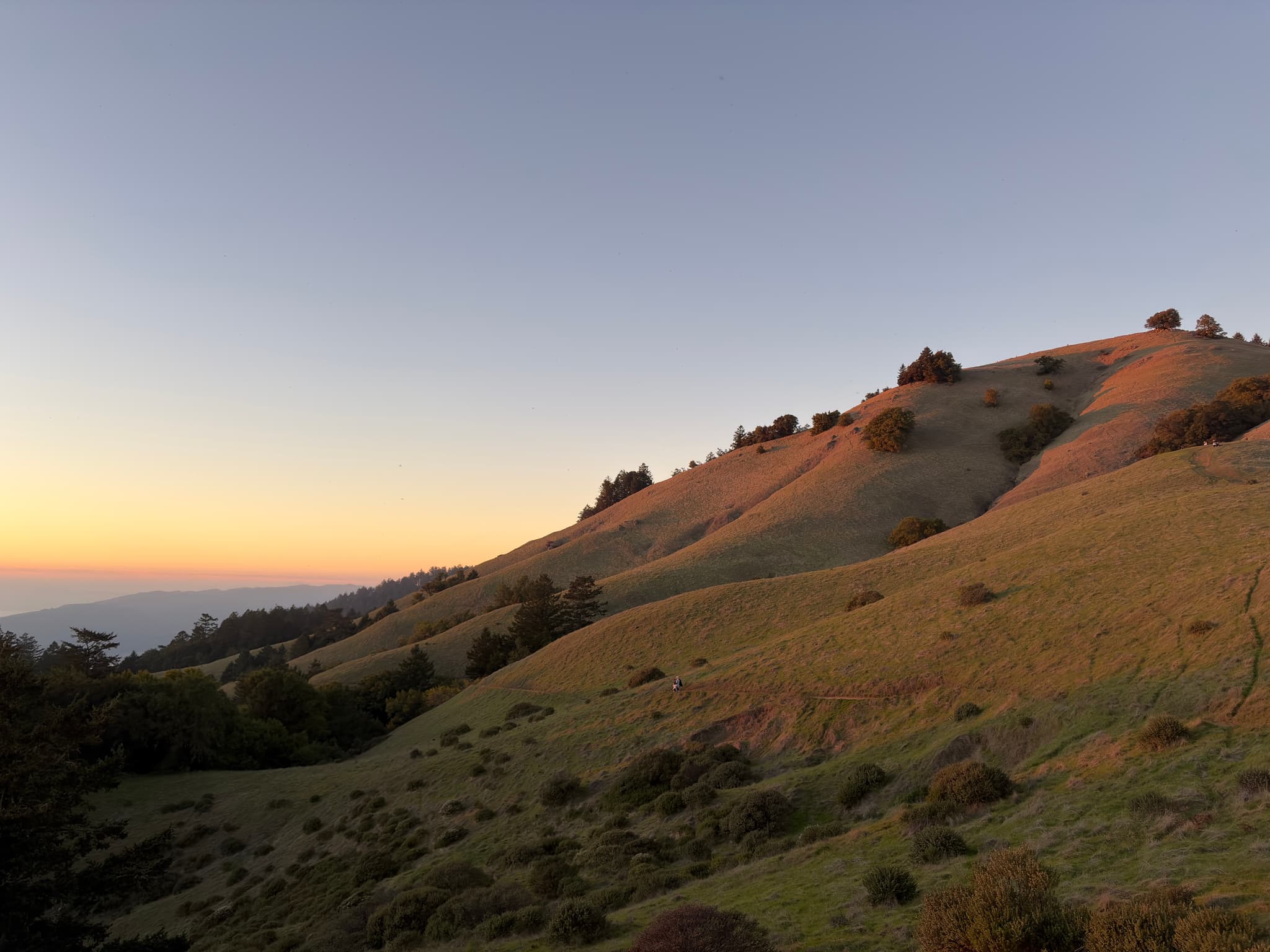 Golden-hour landscape of rolling green hills with a sunlit ridge under a pastel dusk sky, with distant haze on the horizon